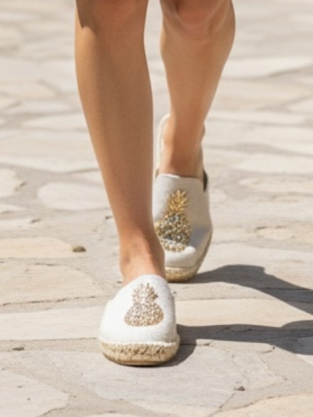 White House Black Market Cream Espadrille Slip-On with Gold Pineapple Accent